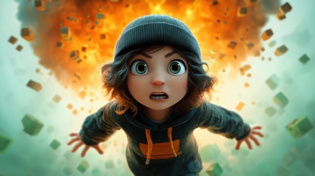 A brown-haired teen gamer shows strong emotion in a vibrant scene, showcasing her determination