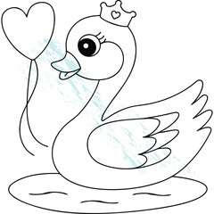 Adorable Princess Swan Wearing a Crown and Holding a Heart Balloon, Perfect Coloring Outline for Children