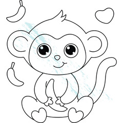 Cute Cartoon Monkey Holding Banana Outline For Coloring Book