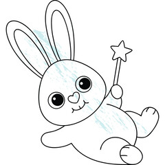 Cute Bunny Rabbit Holding a Magic Star Wand for Childrens Coloring