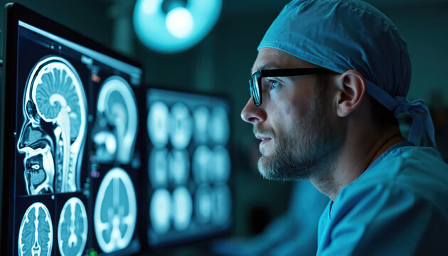 Doctor in surgical cap and glasses studies brain scans on computer monitors in dimly lit room. Medical pro reviews diagnostic imaging at night in clinic. Advanced health tech aids patient care.
