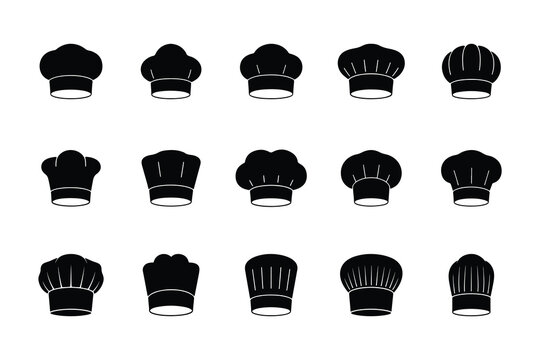 Chef hat icons set, Minimalist black toque silhouette