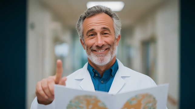 Portrait of a friendly mature doctor smiling at the camera in a hospital. Experienced senior physician in a lab coat pointing and explaining a medical diagnosis - Powered by Adobe