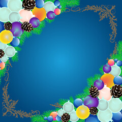 Bright Christmas frame with baubles, pinecones, and evergreen branches on a blue background, perfect for holiday cards, banners, and greetings.