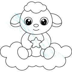 Sweet Baby Lamb Cartoon Outline Sitting on a Cloud with Star for Kids Coloring Book Design