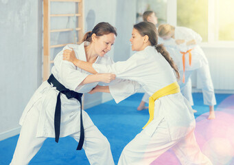 Pairs classes in judo or jiu-jitsu - two teenage girls practice grabbing and throwing on sports mats