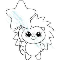 Cute Cartoon Hedgehog Character Holding a Star Balloon Line Art for Kids Activities