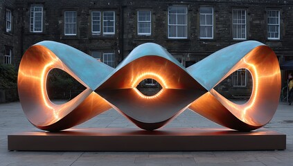Abstract metal sculpture glowing on a city square
