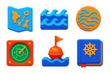 Variety of colorful icons, including a book, a compass, a boat, a flag, and a book. The icons are all in different shapes and sizes, and they are all placed on a white background