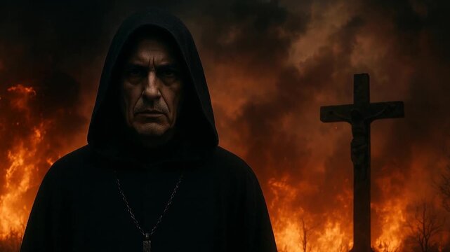 Sinister hooded inquisitor holding cross before burning stakes depicting medieval religious persecution tribunal judgment and dark church authority during inquisition era