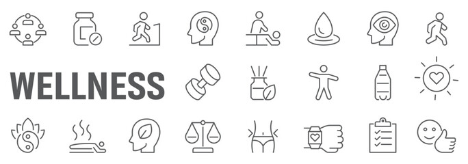 Fitness and healthy lifestyle web icons set in linear style. Sport and exercise icons for mobile and web app. Physical activity, gym, diet, sleep, work, rest, body care. Editable stroke and more.