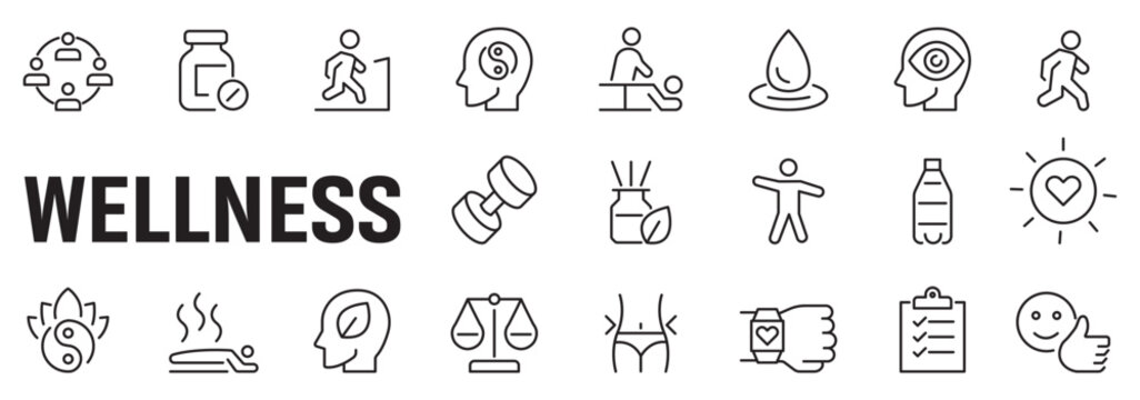 Fitness and healthy lifestyle web icons set in linear style. Sport and exercise icons for mobile and web app. Physical activity, gym, diet, sleep, work, rest, body care. Editable stroke and more.
