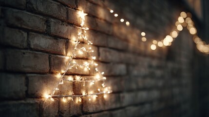 A festive Christmas tree shaped from warm string lights against a rustic brick wall, creating a cozy holiday ambiance.