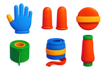 Set of six different colored rubber gloves and tools. The gloves are blue, green, and red, and the tools are orange