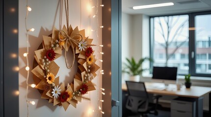 Eco-friendly paper wreath adorned with dried flowers hanging on an office door, warm string lights illuminating the background, concept of holiday decor, interior design