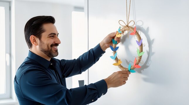 Smiling middle-aged Hispanic man hanging an eco-friendly paper wreath on an office door, soft light background, concept of sustainability and workplace creativity.