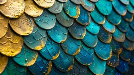 Close-up of metallic gold and blue scales. Fantasy dragon or mermaid skin texture. Abstract luxury background