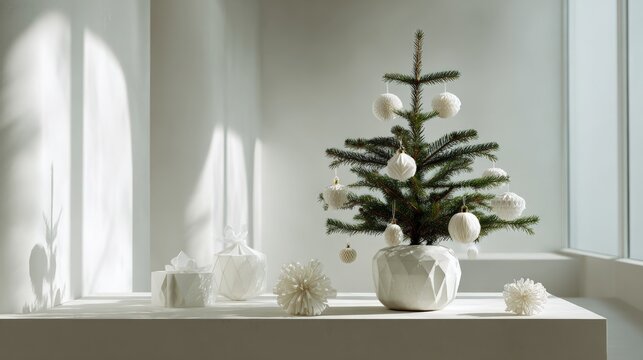 A minimalist white Christmas tree with spherical ornaments and gift boxes on a sunlit windowsill, evoking a serene holiday atmosphere.