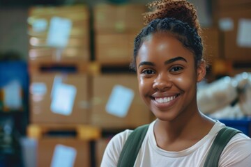 Obraz premium Young woman smiling in a warehouse environment
