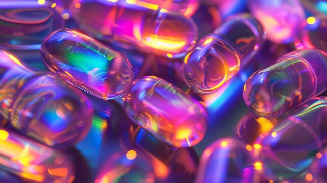 Vibrant holographic capsules with a neon glow. Abstract futuristic background for science and pharmaceutical concepts