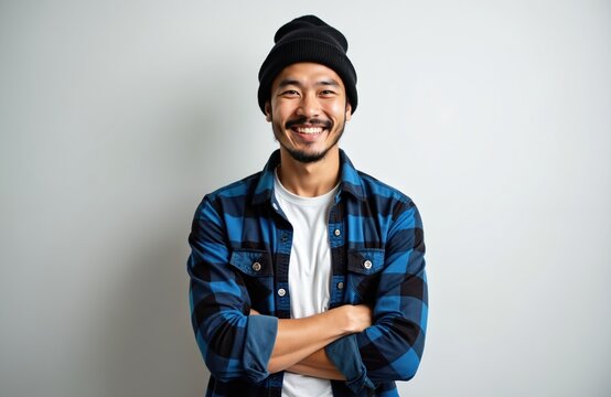 Young asian man with beanie hat smiles confidently. He wears blue plaid shirt and stands with arms crossed against white wall. Happy male looks at camera, shows friendly attitude and success. - Powered by Adobe