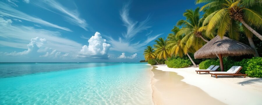 Paradise beach scene shows calm turquoise sea water with palm trees in bright sunny day. Lounge chairs under straw umbrella are inviting for relaxed vacation at tropical island seaside resort. - Powered by Adobe
