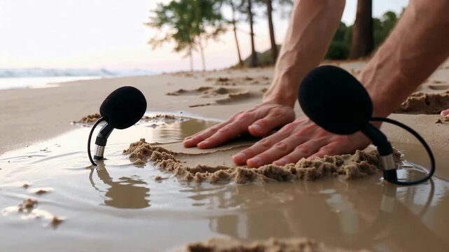 A person uses a metal detector to search for hidden objects on a sandy beach during daytime under clear skies