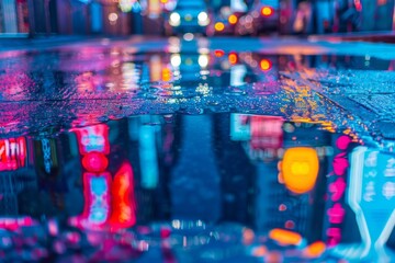 Colorful reflections in a rain-soaked city street at night