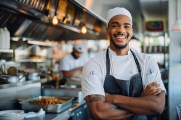 Smiling young chef in a busy restaurant kitchen