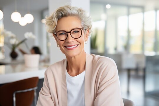 Senior woman smiling in a modern cafe setting