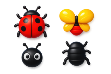 Four different insects, including a ladybug and a butterfly, are shown in various sizes and positions. The insects are all black and yellow, with the ladybug being the largest
