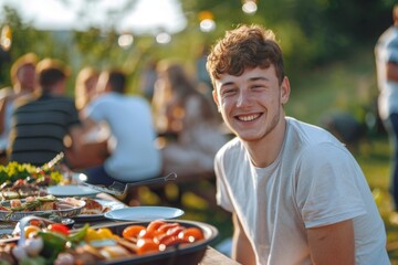 Young man smiling at a summer outdoor gathering with friends
