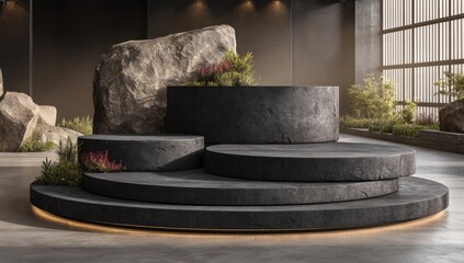 Tiered platform, dark stone, plants, bright zen space