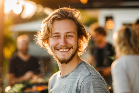 Young adult man smiling at a social gathering outdoors - Powered by Adobe