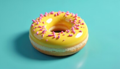 Close up view of donut. Tasty doughnut with yellow glaze and pink sprinkles on blue surface. Sweet dessert is ready to eat. Food concept for bakery with sugar snack.