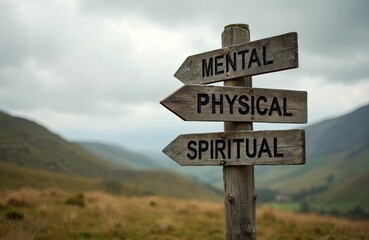 Obraz premium Signpost shows directions mental physical spiritual. Arrow sign with text about health on background of nature landscape and sky. Concept of balance in life way, well-being.