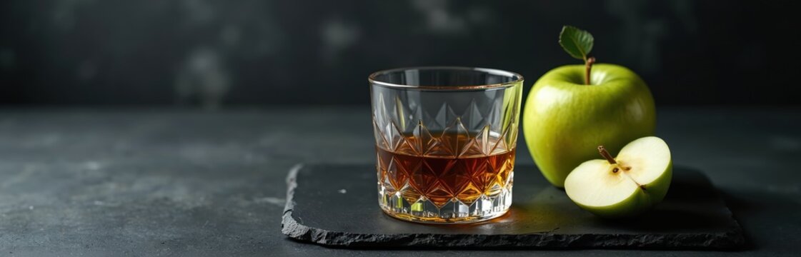 Crystal glass with golden liquor sits on dark stone serving board. Whole green apple with small leaf, half-sliced apple placed next to. Fresh crisp fruit with strong alcoholic drink creates nice - Powered by Adobe