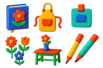 Variety of colorful and whimsical objects, including a book, a vase, a chair, a pencil, a marker, and an apron. The scene appears to be a playful and creative setting