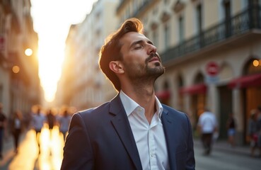 Man in suit breathes deeply looking up at sun on city street. He feels calm and happy, enjoying moment of peace outdoors. Sunlight warms his face as crowds pass by.