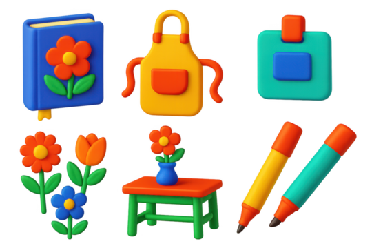 Variety of colorful and whimsical objects, including a book, a vase, a chair, a pencil, a marker, and an apron. The scene appears to be a playful and creative setting