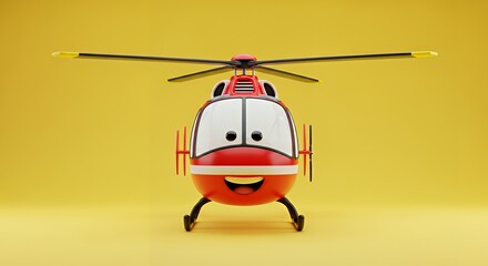 Cartoon Red Helicopter Character with Smiling Face on Bright Yellow Background