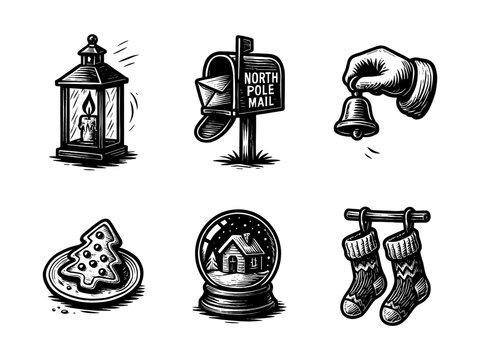 Christmas lantern engraving icons, festive north pole set