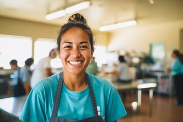 Young woman smiling happily in a busy kitchen environment