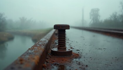 Close up view of rusty bolt on wet bridge railing in foggy industrial area. Water reflects sky and distant factory structure. Weathered metal texture on infrastructure detail.