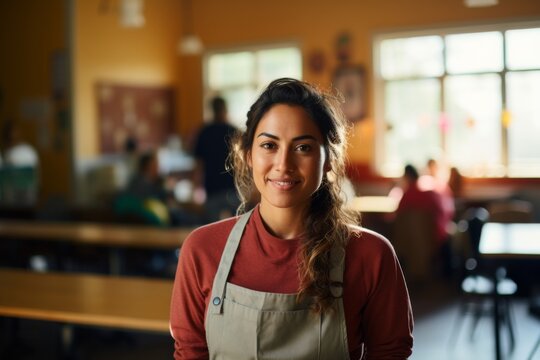 Young woman smiling in a cafe setting