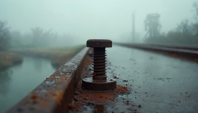 Close up view of rusty bolt on wet bridge railing in foggy industrial area. Water reflects sky and distant factory structure. Weathered metal texture on infrastructure detail. - Powered by Adobe