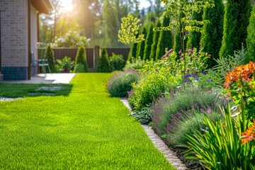 Beautiful garden with vibrant flowers and lush green grass