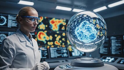 Scientist in lab coat and goggles examining holographic brain scan. Medical research laboratory background. Brain imaging technology. Diagnostic medical imaging. Vector illustration. - Powered by Adobe