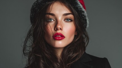 Fototapeta premium Woman with Holiday Hat and Bright Red Lips