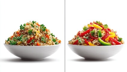 Quinoa salads one green herbs, other peppers in bowls